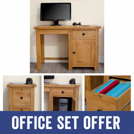 Rustic Solid Oak Small Desk and Two-Drawer Filing Cabinet